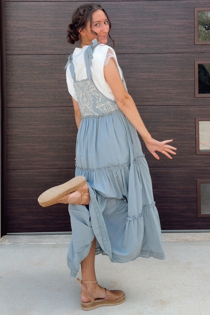 Blue Embroidered Ruffle Tiered Apron Dress