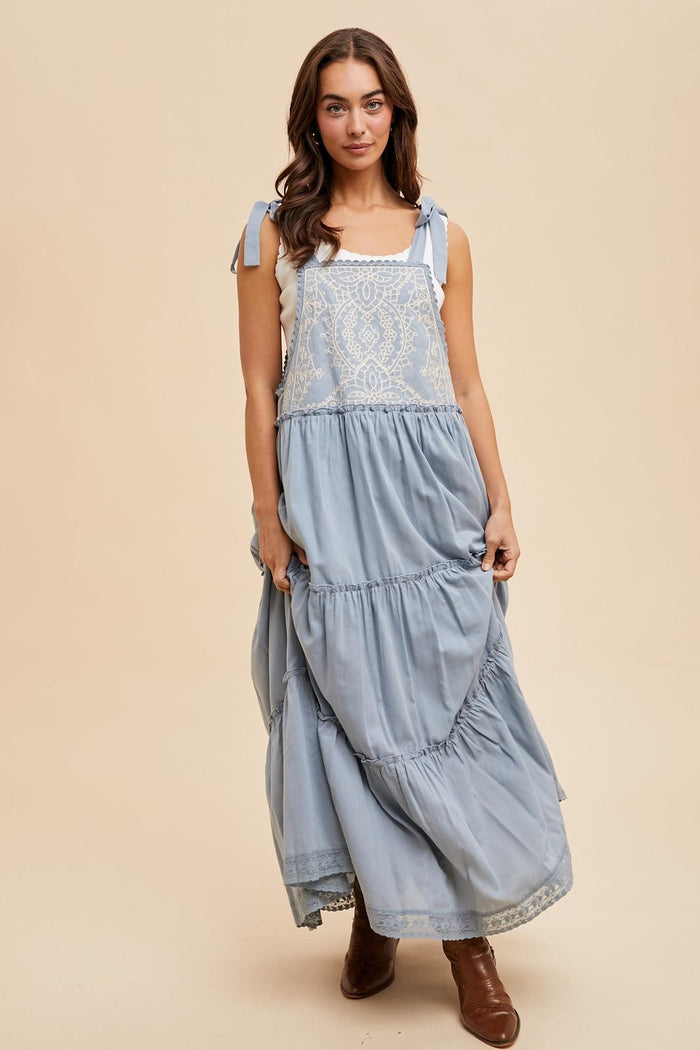 Blue Embroidered Ruffle Tiered Apron Dress