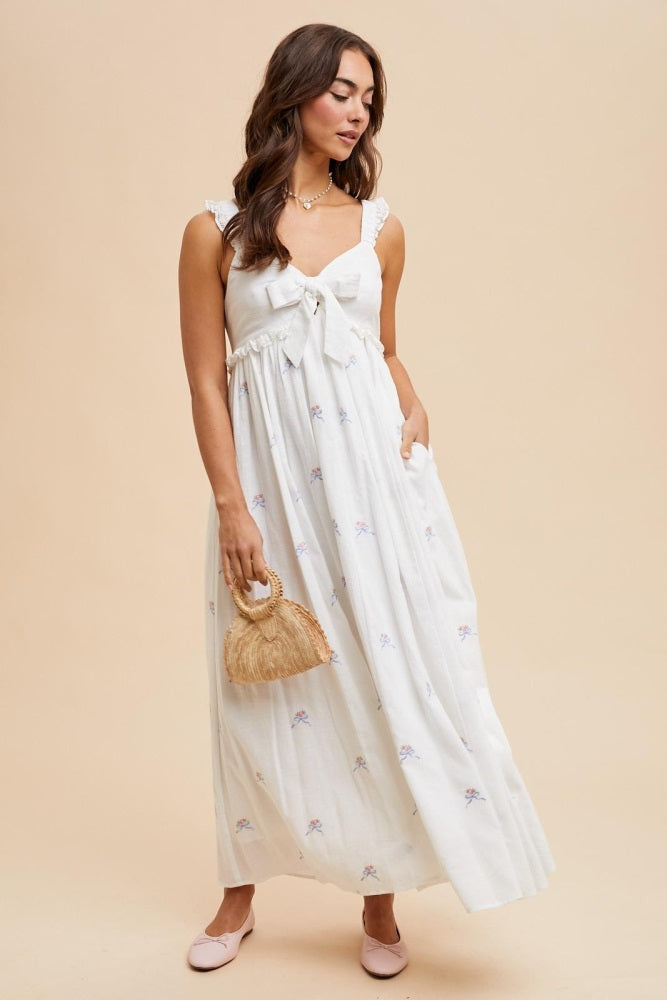 White Embroidered Front Bow Tie Maxi Dress