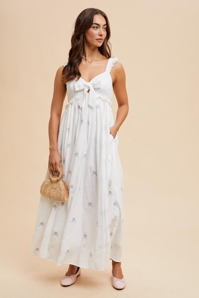 White Embroidered Front Bow Tie Maxi Dress