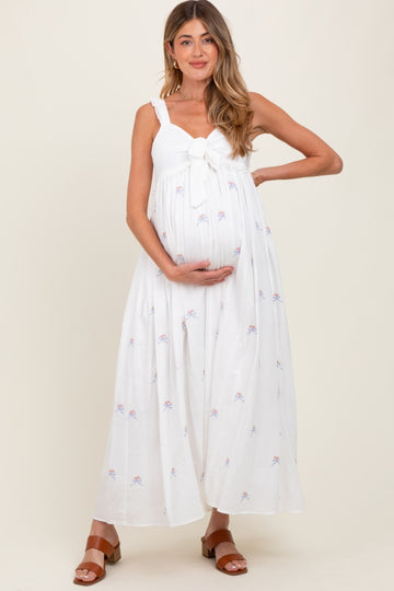 White Embroidered Front Bow Tie Maternity Maxi Dress