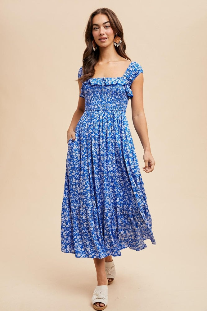 Royal Blue Floral Smocked Ruffle Detail Maternity Midi Dress