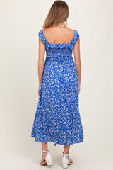 Royal Blue Floral Smocked Ruffle Detail Maternity Midi Dress
