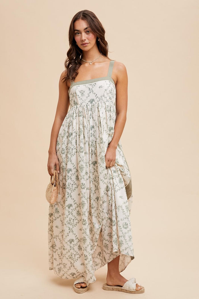 Light Olive Floral Sleeveless Side Panel Maxi Dress