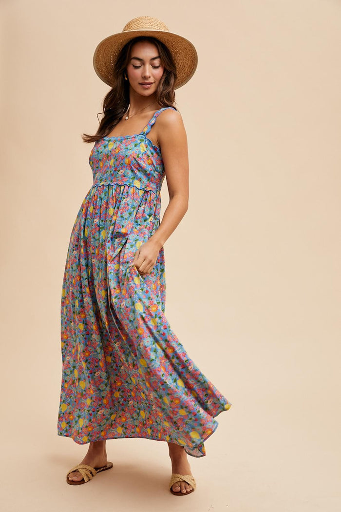 Blue Floral Scallop Detail Sleeveless Maternity Maxi Dress