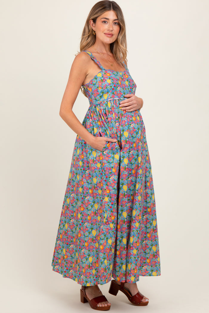 Blue Floral Scallop Detail Sleeveless Maternity Maxi Dress
