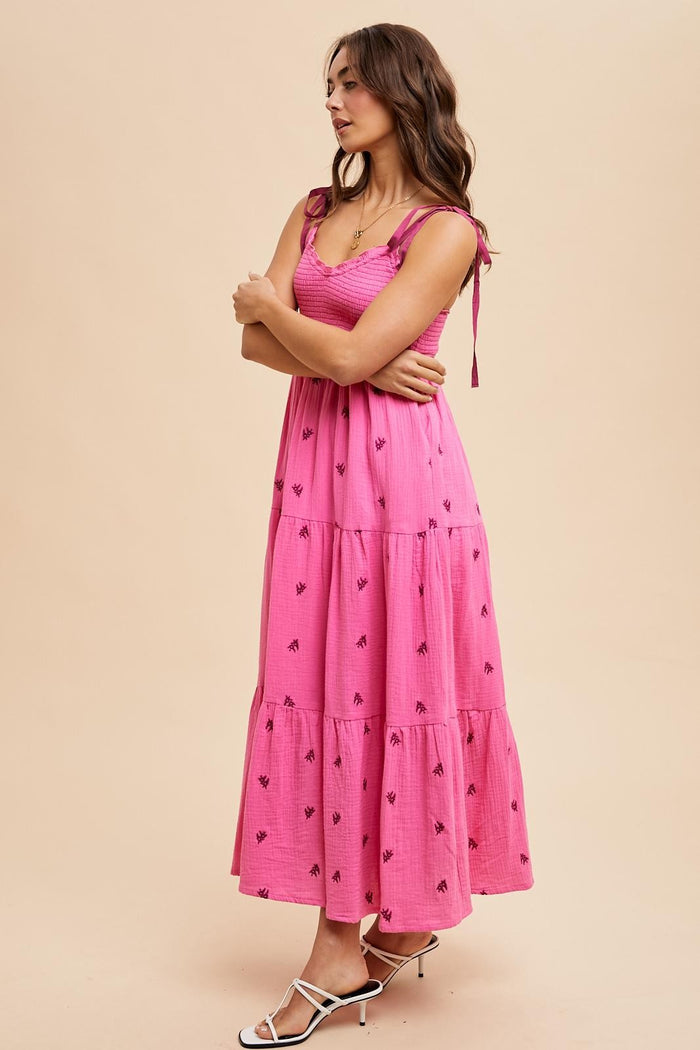Pink Embroidered Smocked Shoulder Tie Maxi Dress