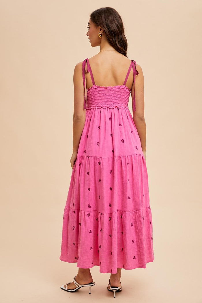 Pink Embroidered Smocked Shoulder Tie Maxi Dress