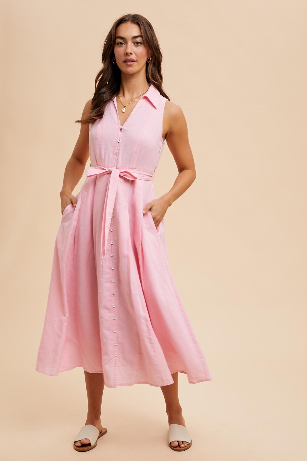 Light Pink Sleeveless Linen Blend Midi Shirt Dress