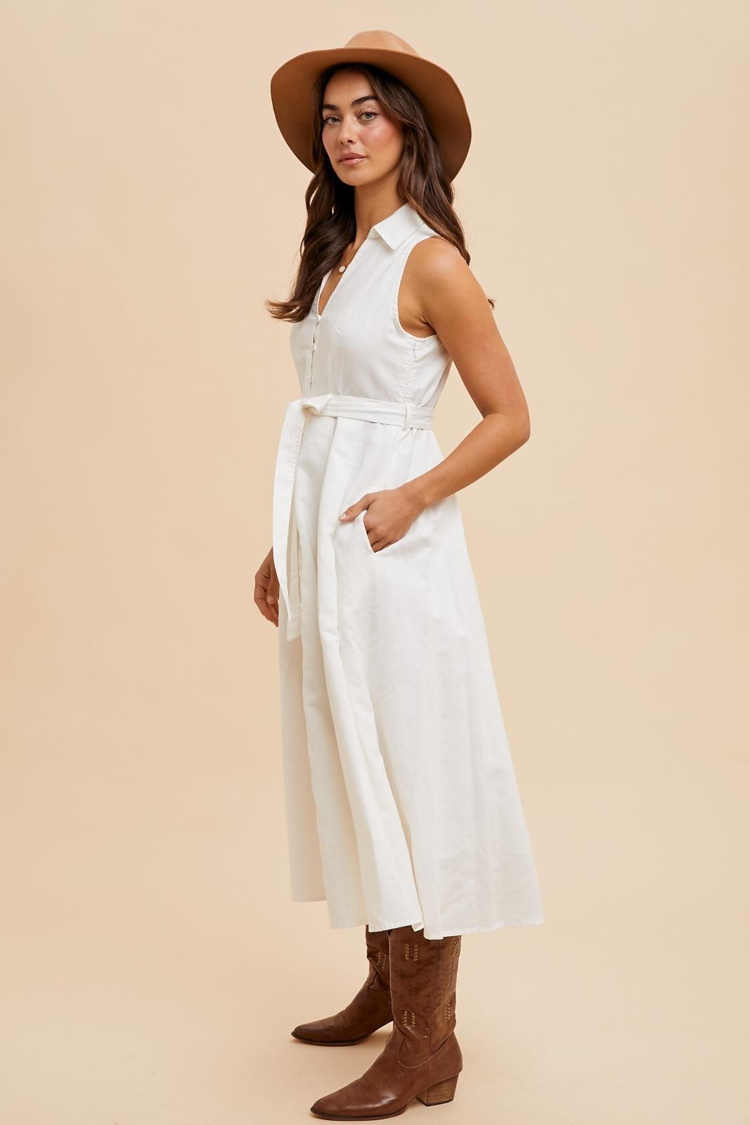 White Sleeveless Linen Blend Midi Shirt Dress