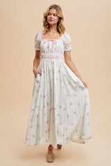 Ivory Bow Print Shirred Bodice Puff Sleeve Dress
