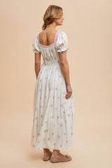 Ivory Bow Print Shirred Bodice Puff Sleeve Dress