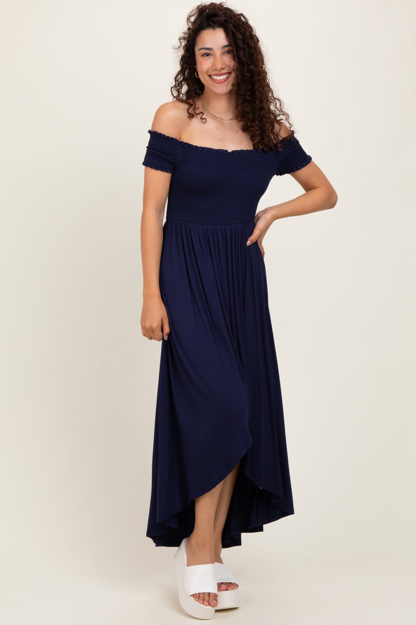 Navy Smocked Off The Shoulder Maternity Midi Dress