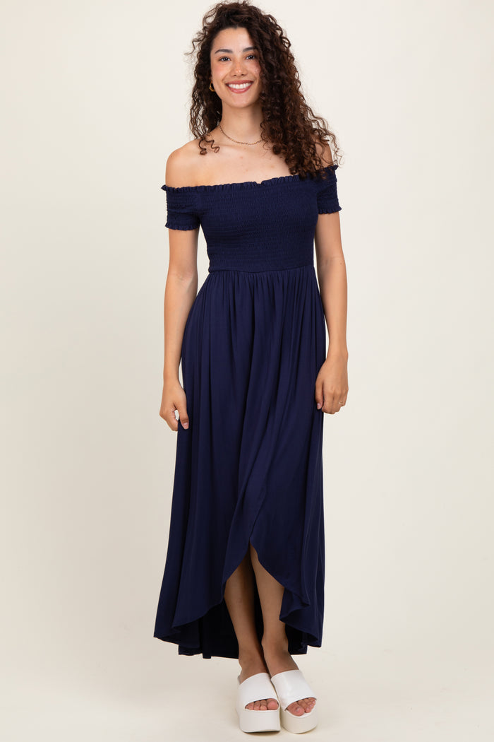 Navy Smocked Off The Shoulder Midi Dress