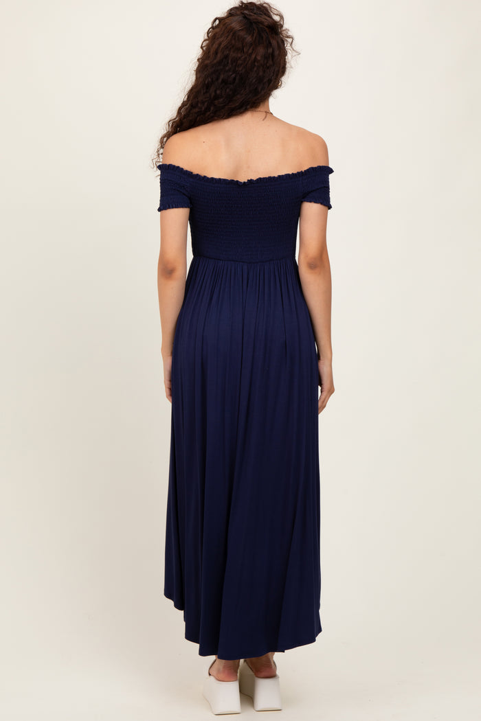 Navy Smocked Off The Shoulder Midi Dress