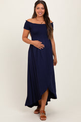 Navy Smocked Off The Shoulder Maternity Midi Dress