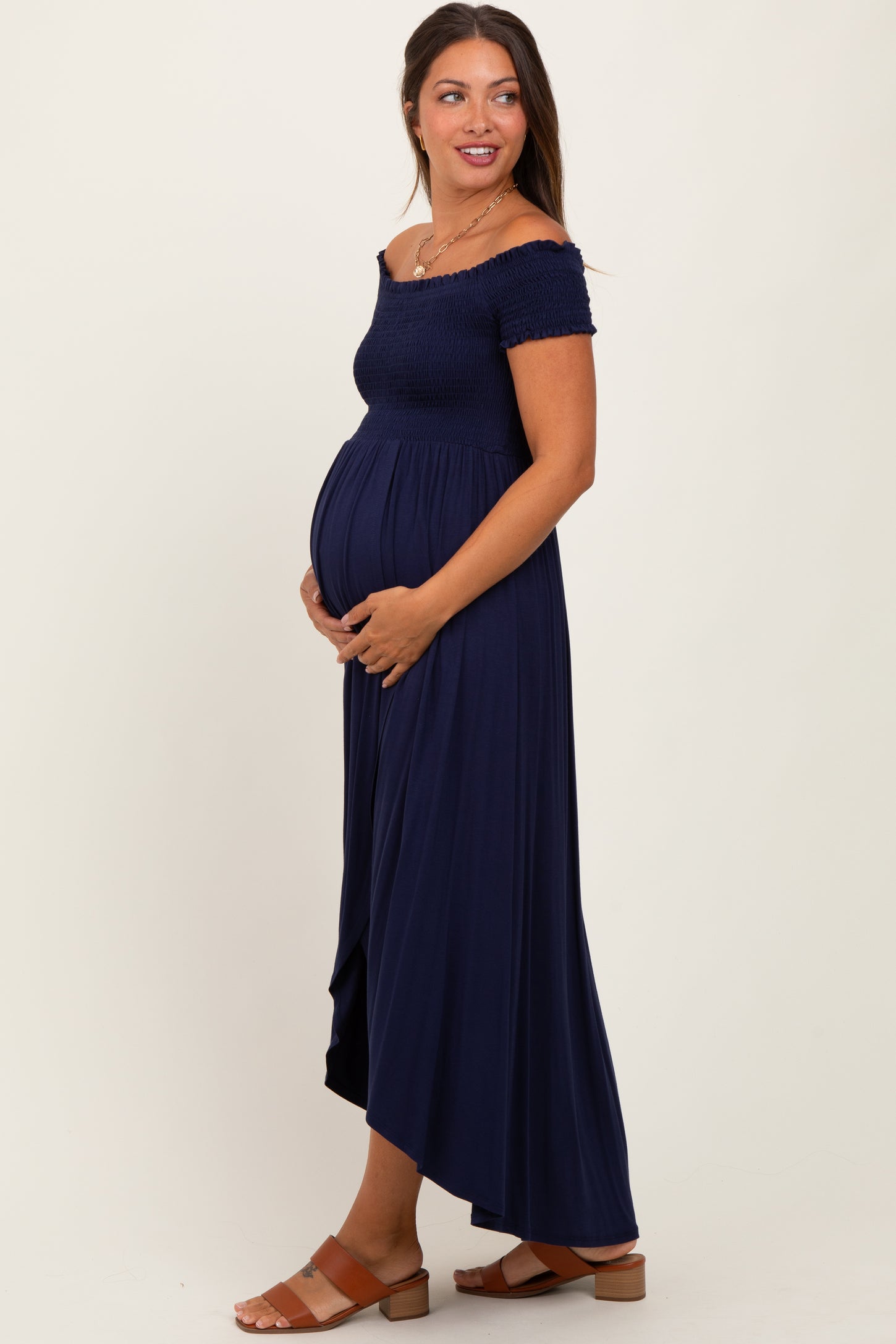 Navy Smocked Off The Shoulder Maternity Midi Dress