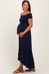 Navy Smocked Off The Shoulder Maternity Midi Dress