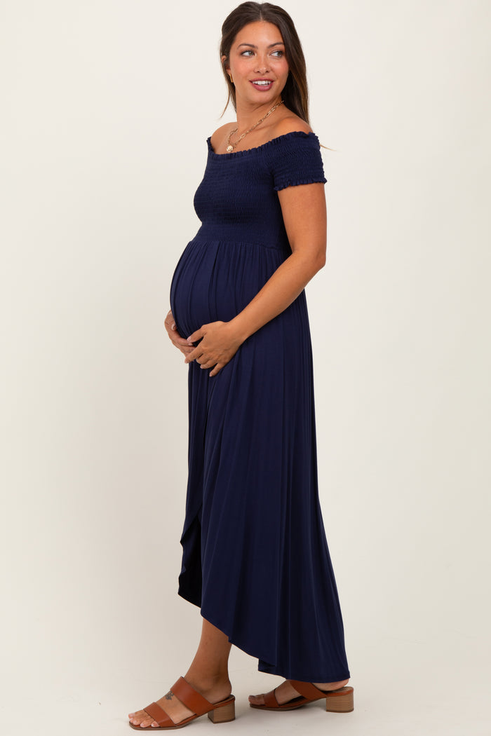 Navy Smocked Off The Shoulder Maternity Midi Dress