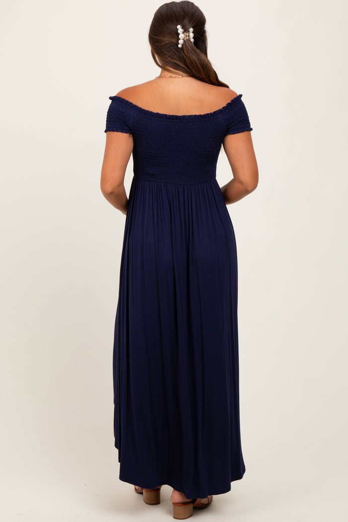 Navy Smocked Off The Shoulder Maternity Midi Dress
