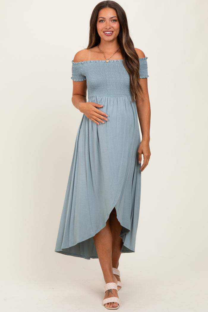 Light Olive Smocked Off The Shoulder Maternity Midi Dress