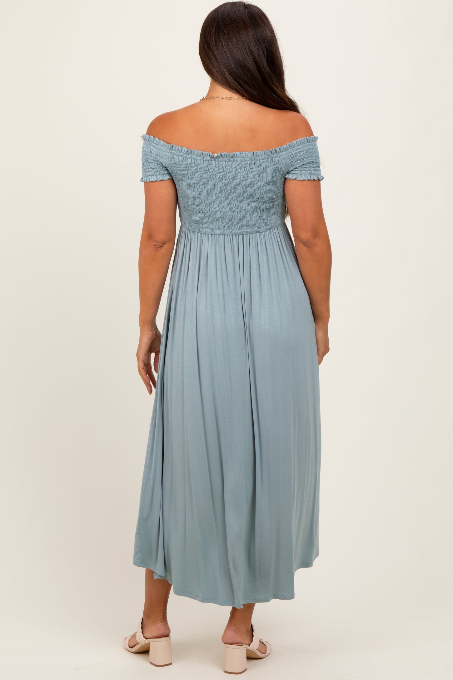 Light Olive Smocked Off The Shoulder Maternity Midi Dress