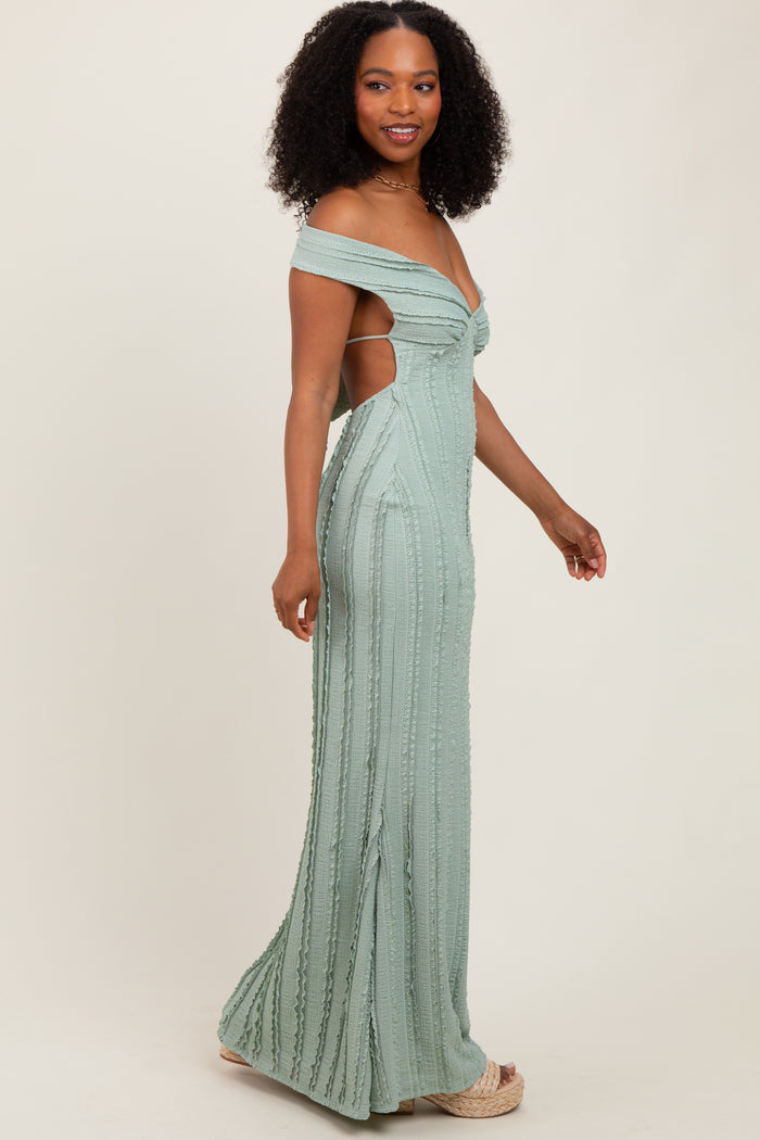 Light Olive Ruffle Texture Convertible Backless Maxi Dress