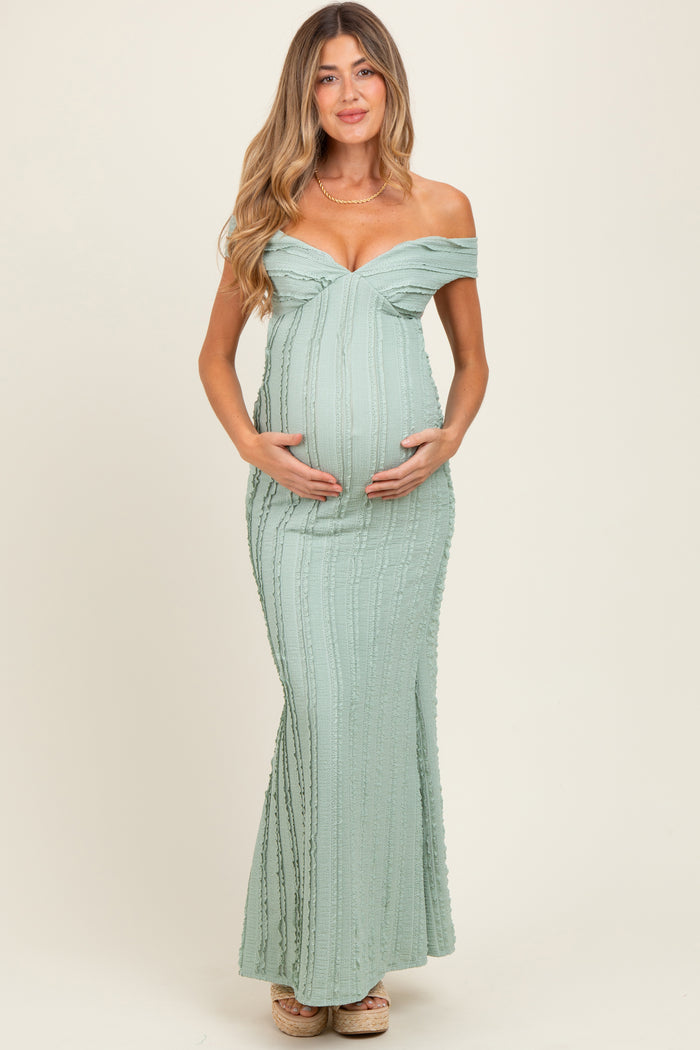 Light Olive Ruffle Texture Convertible Backless Maternity Maxi Dress