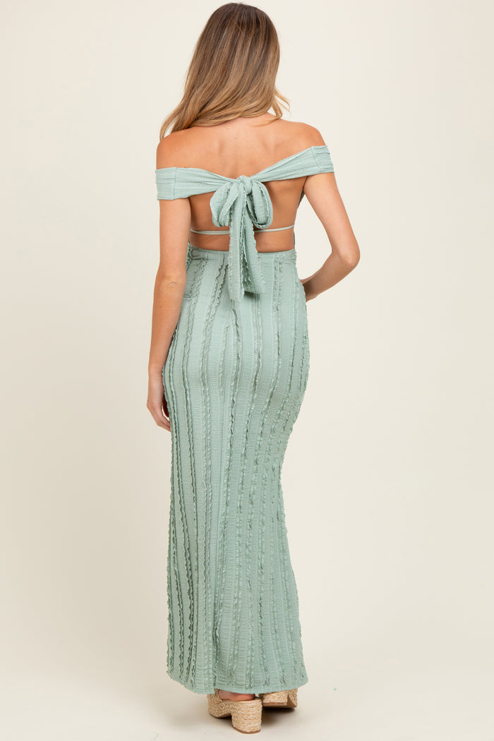 Light Olive Ruffle Texture Convertible Backless Maternity Maxi Dress