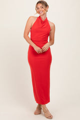 Red Halter Low Back Ruched Maternity Midi Dress