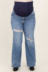 Blue Ripped Knee Wide Leg Maternity Plus Jeans