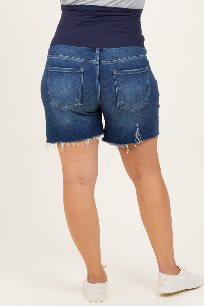 Navy Blue Raw Cut Hem Maternity Plus Denim Shorts
