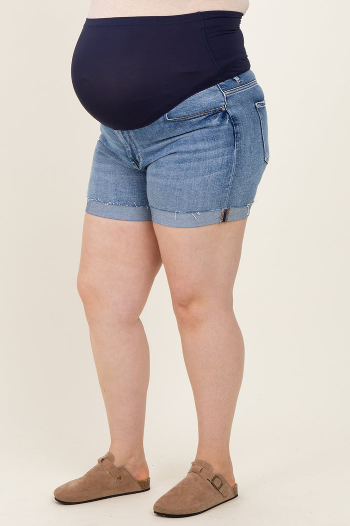 Blue Raw Cut Hem Cuffed Maternity Plus Jean Shorts