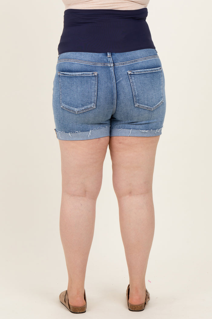Blue Raw Cut Hem Cuffed Maternity Plus Jean Shorts