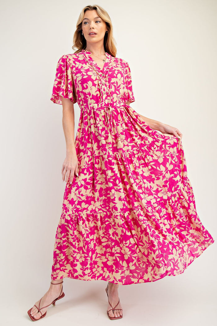 Fuchsia Button Ruffle Detail Maternity Maxi Dress
