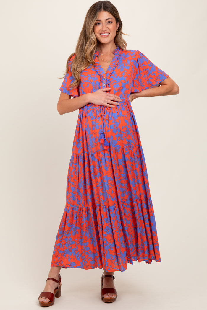 Orange Button Ruffle Detail Maternity Maxi Dress