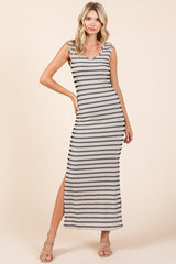 Ivory Striped Ribbed Sleeveless Side Slit Maxi Dress