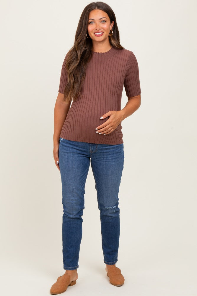 Mocha Ribbed Mock Neck Knit Maternity Short Sleeve Top