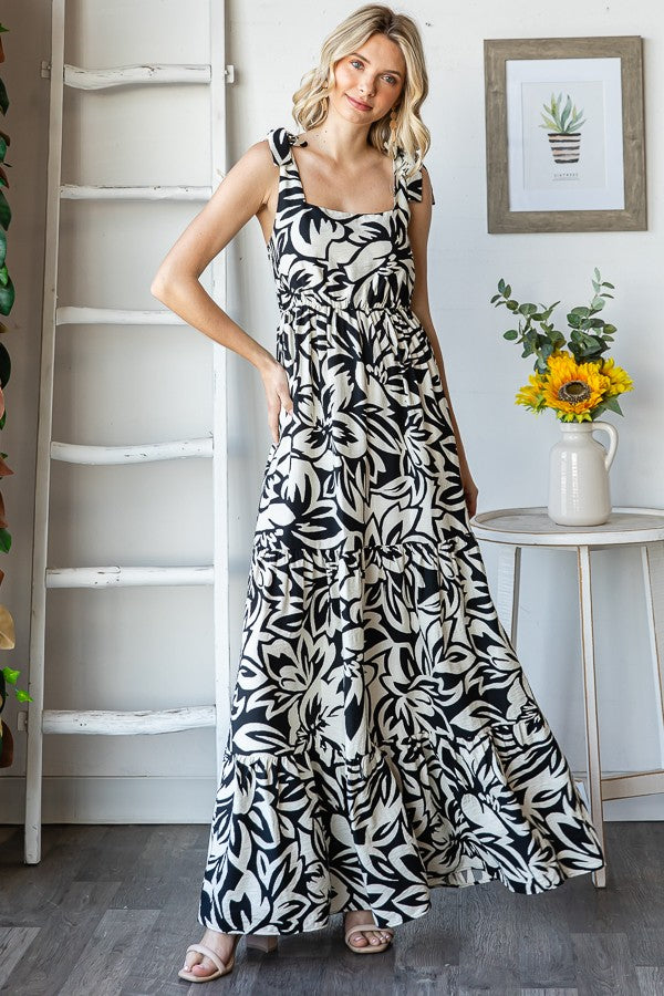 Black Floral Shoulder Tie Tiered Maxi Dress