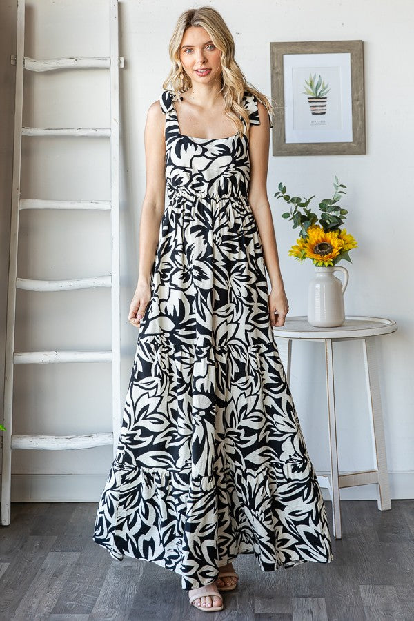 Black Floral Shoulder Tie Tiered Maxi Dress