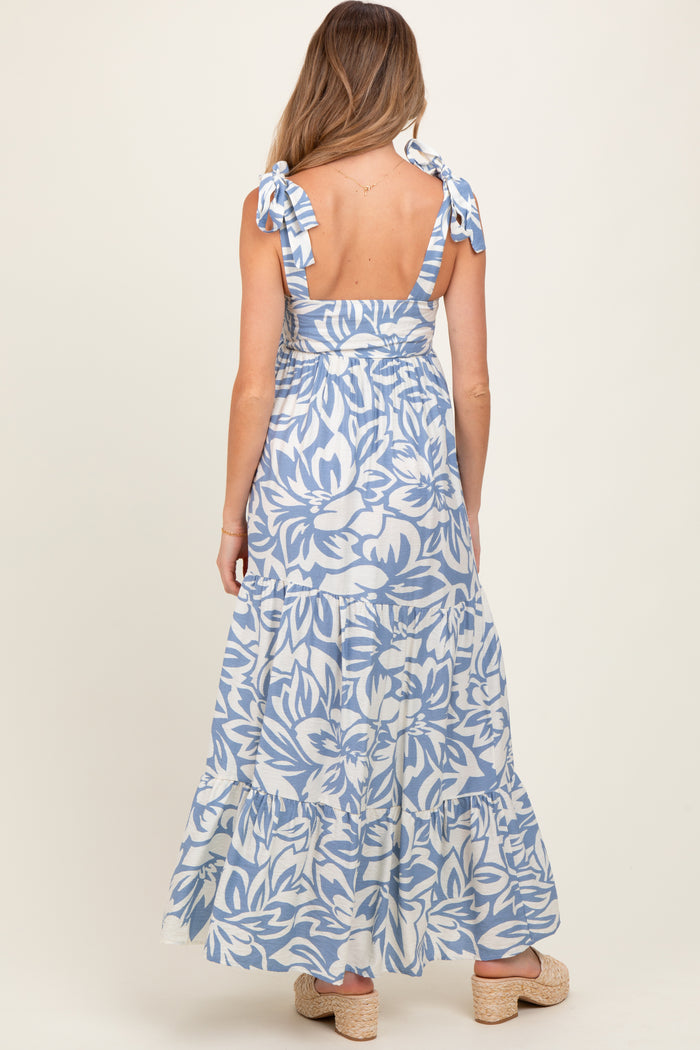 Blue Floral Shoulder Tie Tiered Maternity Maxi Dress