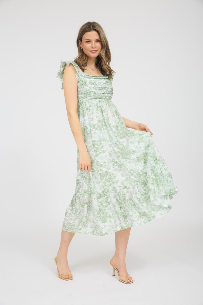 Light Olive Floral Ruffle Strap Pleated Bodice Midi Dress
