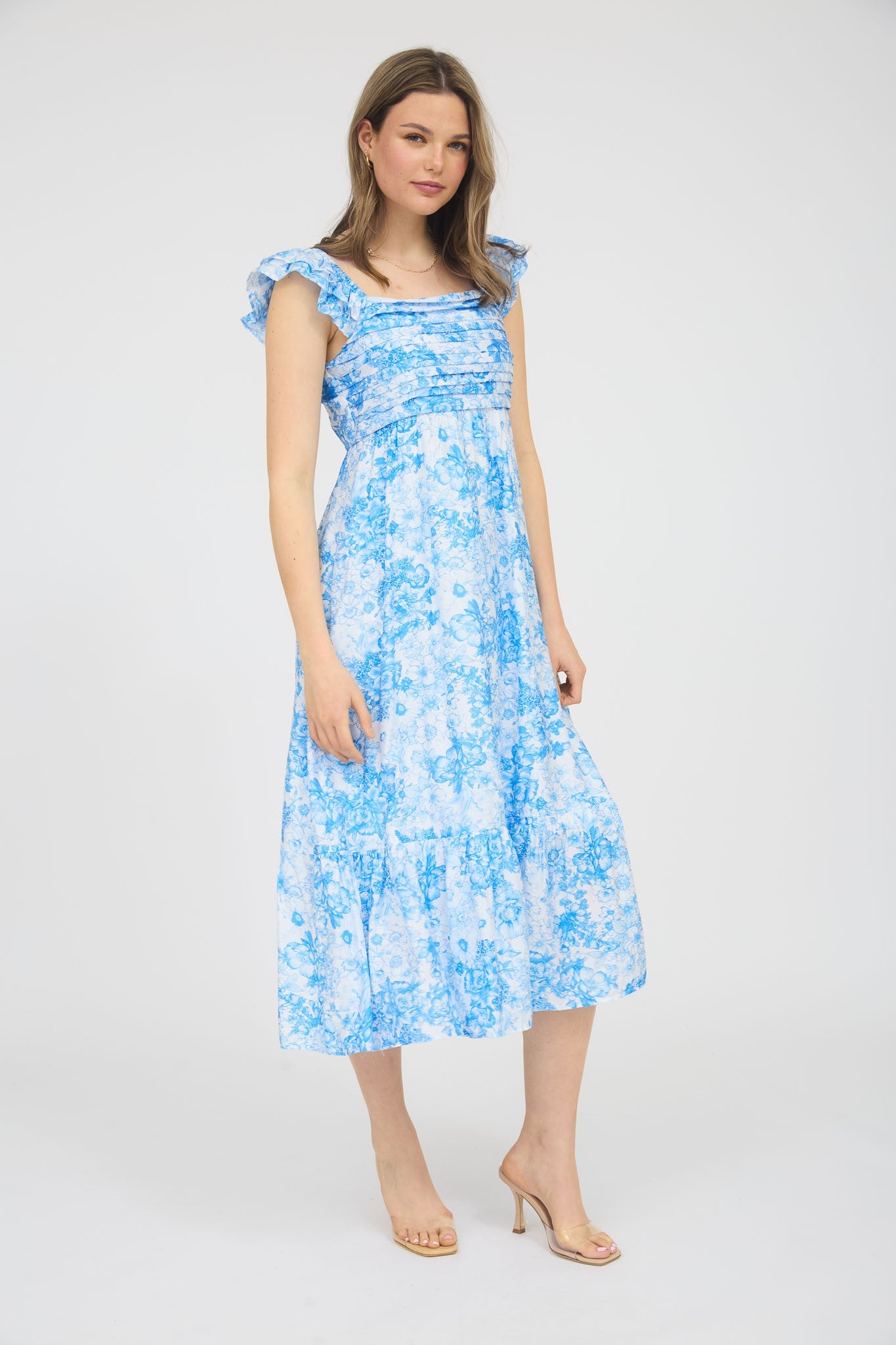 Blue Floral Ruffle Strap Pleated Bodice Midi Dress