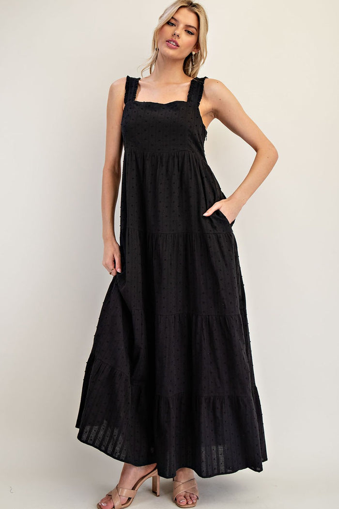 Black Swiss Dot Tiered Sleeveless Maternity Maxi Dress