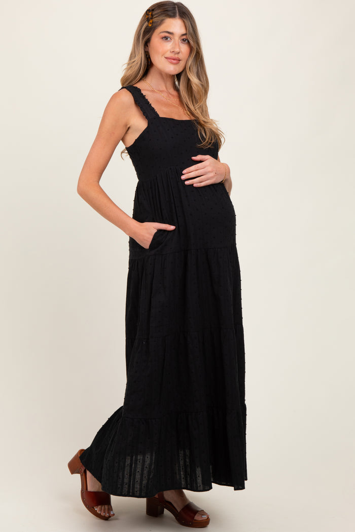 Black Swiss Dot Tiered Sleeveless Maternity Maxi Dress