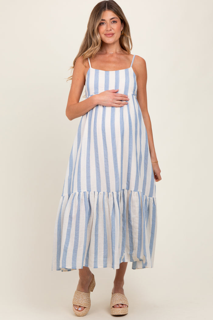 Blue Wide Stripe Linen Blend Sleeveless Maternity Maxi Dress