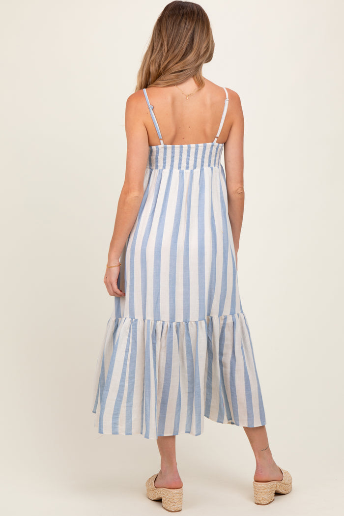 Blue Wide Stripe Linen Blend Sleeveless Maternity Maxi Dress