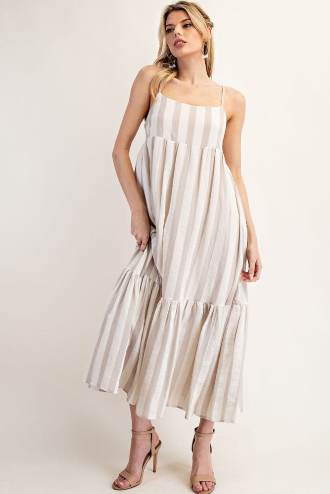 Beige Wide Stripe Linen Blend Sleeveless Maternity Maxi Dress