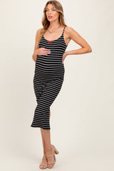 Black Striped Bow Detail Fitted Maternity Midi Dress
