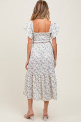 Ivory Floral Smocked Flutter Sleeve Maternity Midi Dress